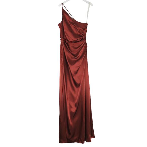 David's Bridal Galina Charmeuse Draped One-Shoulder Bridesmaid Dress 4 Cinnamon - Picture 2 of 7